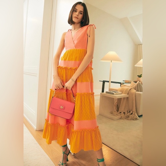 LDT Daphne Tie Shoulder Tiered Color Block Surplice V-Neck Drawstring Maxi Dress - Picture 3 of 11